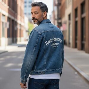 Vtg 2003 Harley Davidson Moto Biker Blue Denim Jean Jacket M Embroidered Y2K